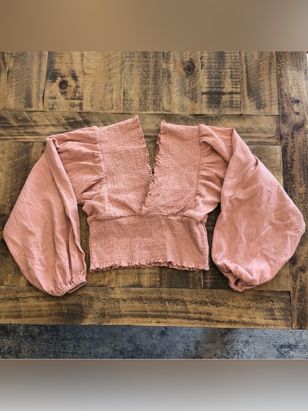 ASOS Design Mauve Pink Smocked V-Neck Balloon Sleeve Crop Top Cotton & Linen